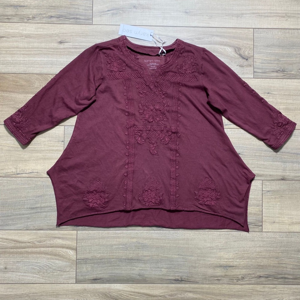Karyn Seo‎ Womens Misha Embroidered Tunic Top Size Small Color Port